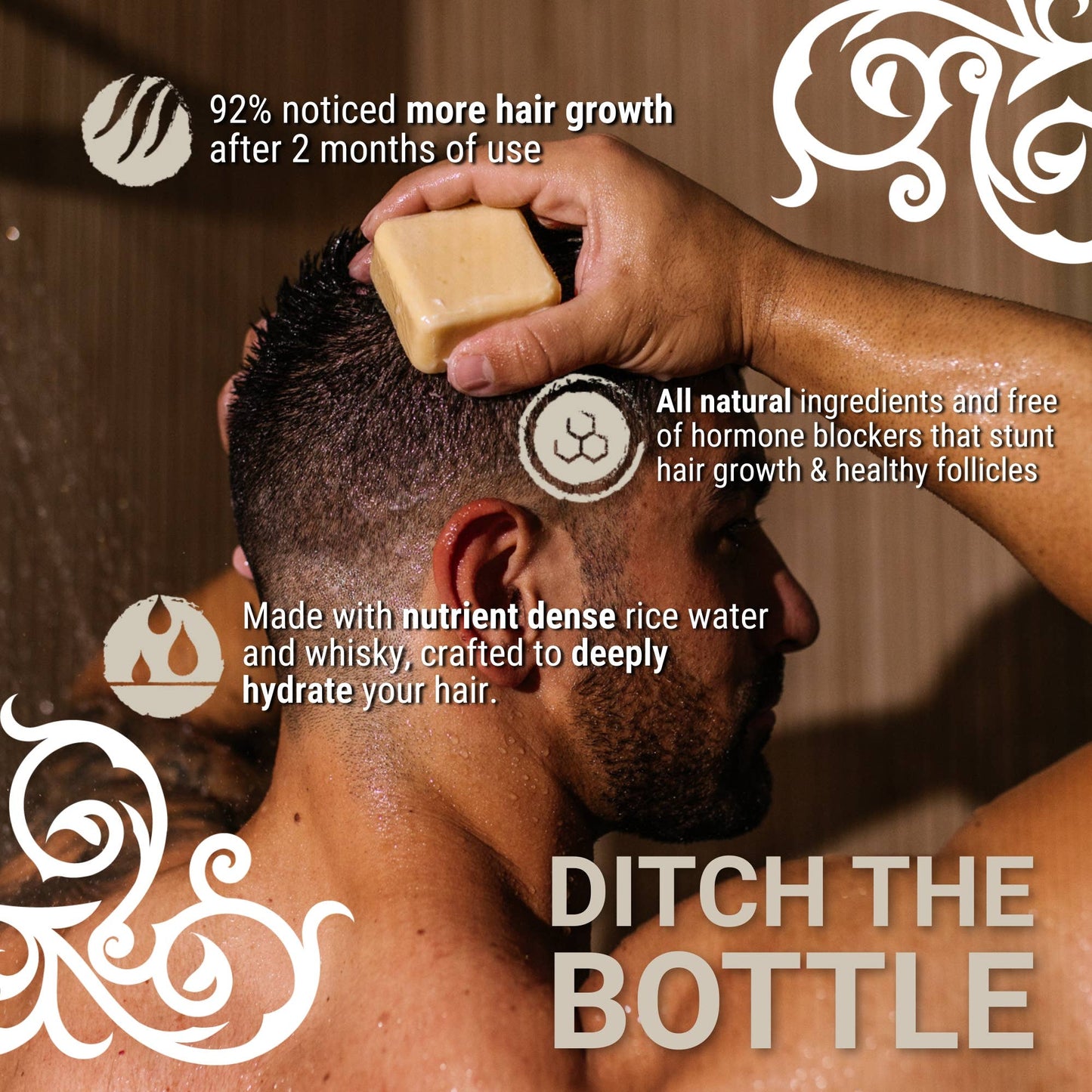 Retail-ready 3-pack of men's citron and ginger shampoo bars, zero waste, salon-selected