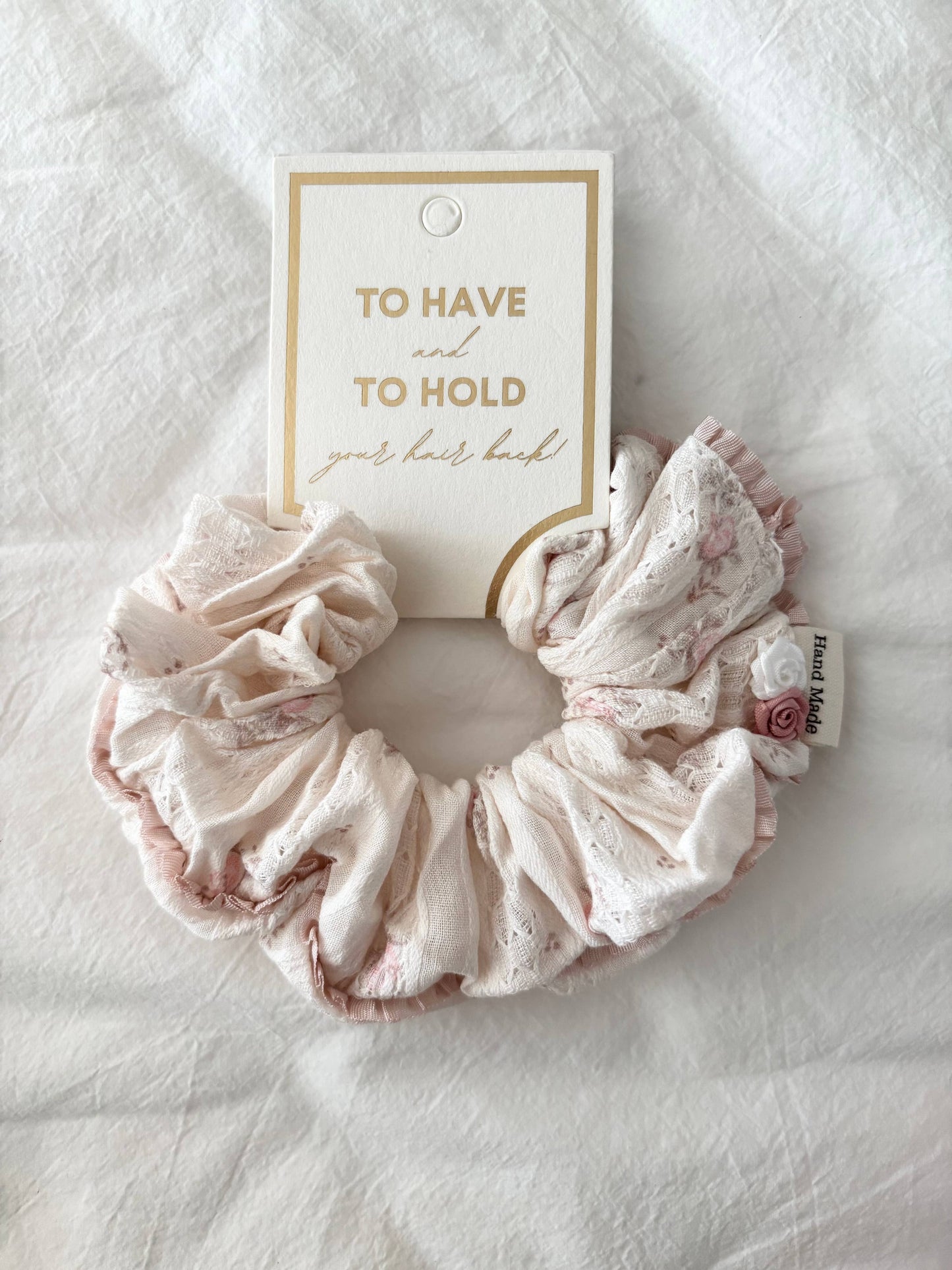 Romantic floral lace scrunchie pink detail shot salon-selected The Pixie Garden