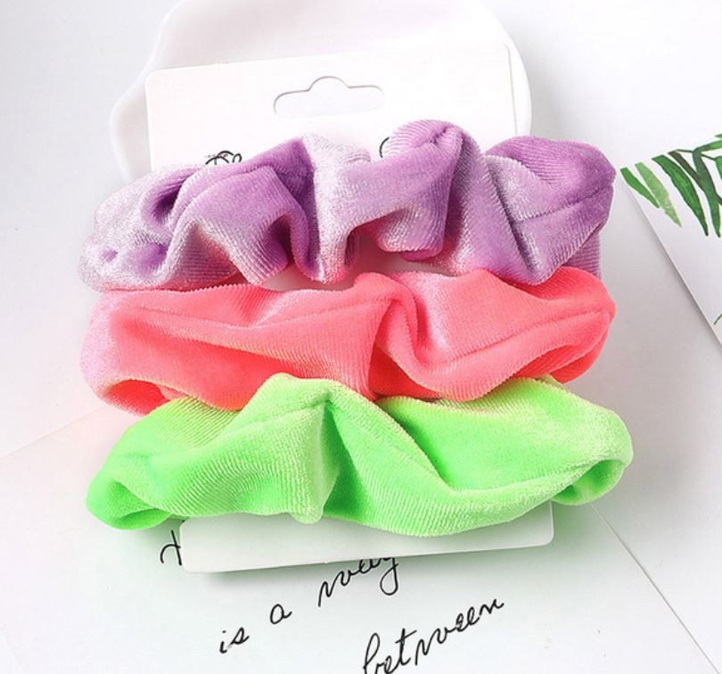 Neon velvet scrunchie set purple pink green 3 piece salon-selected The Pixie Garden