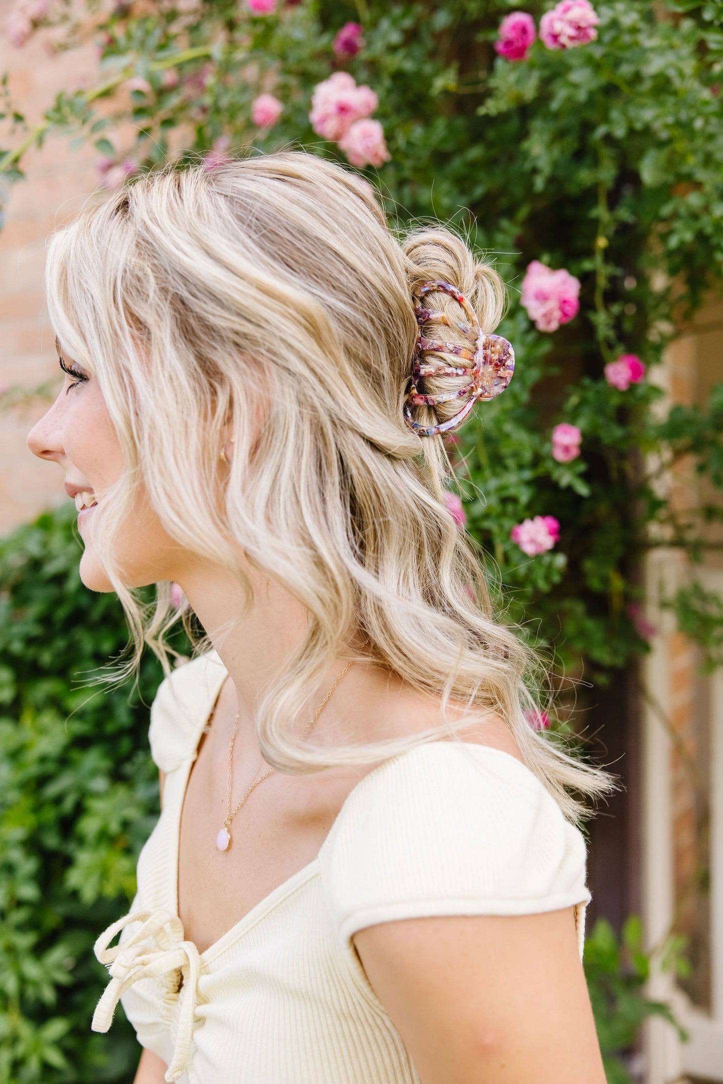 Carlisle claw clip worn in styled updo salon-selected The Pixie Garden