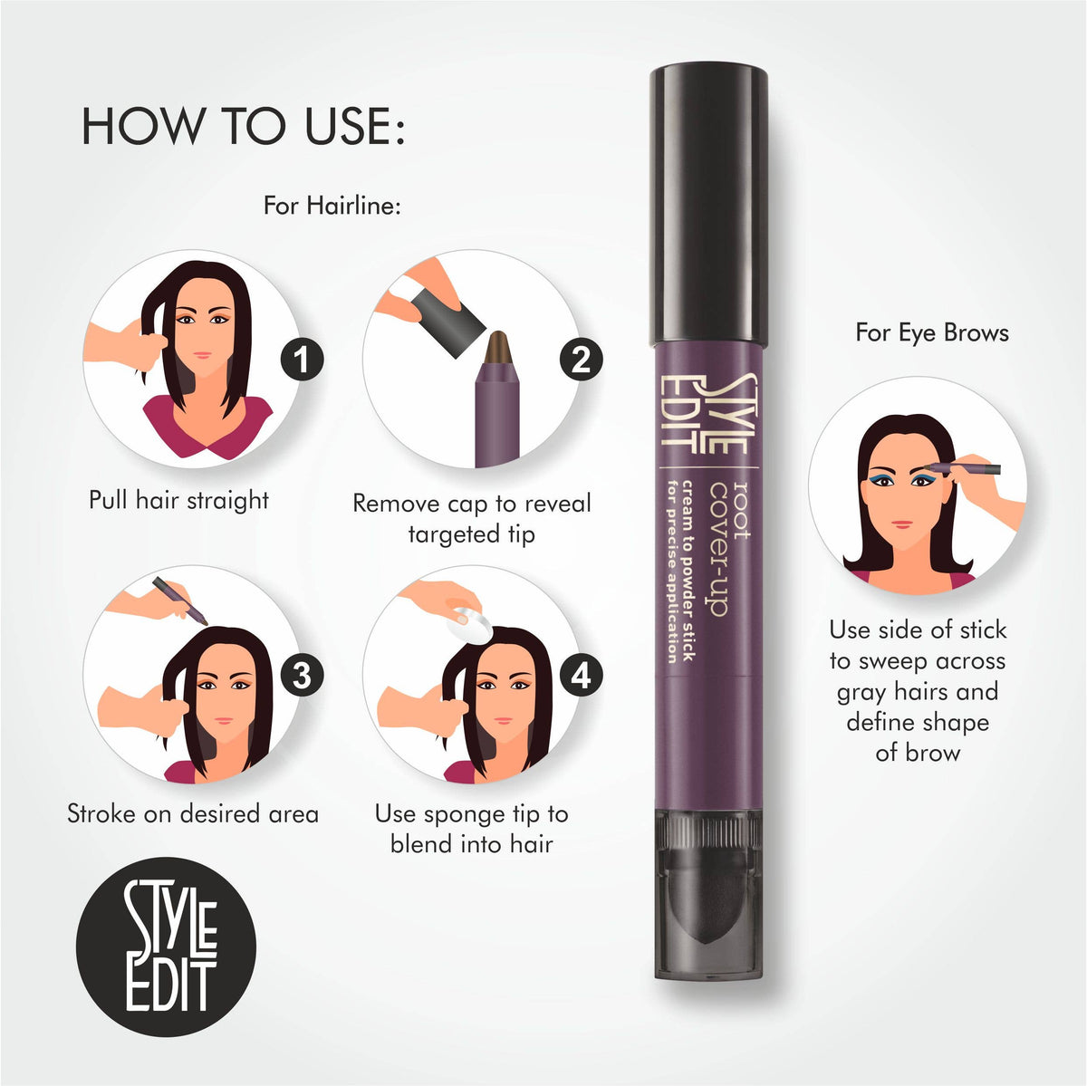 How-to steps for applying the root cover-up stick at the part and hairline