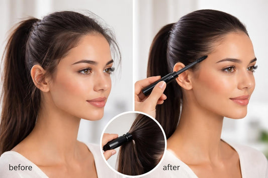 Woman using slick back stick to achieve sleek polished hair pulled away from the face The Pixie Garden