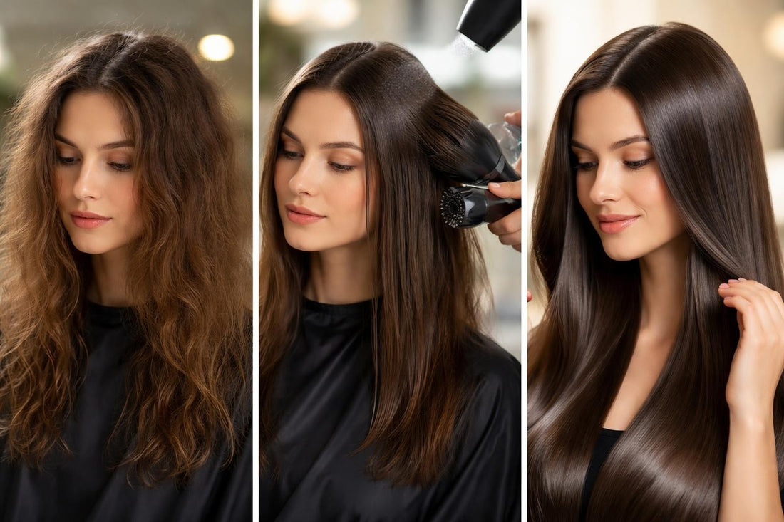 Woman with ultra-glossy glass hair effect reflecting light for mirror-like shine and smoothness The Pixie Garden