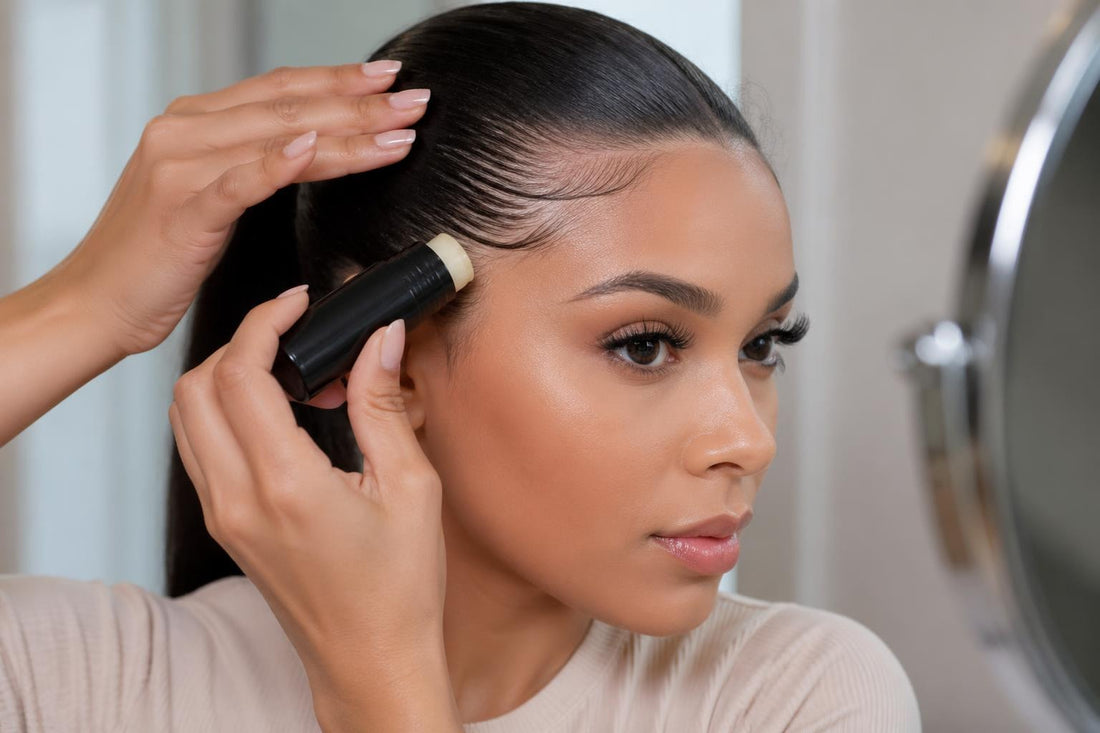Woman using hair finishing stick to smooth edges and eliminate flyaways for salon-quality results The Pixie Garden
