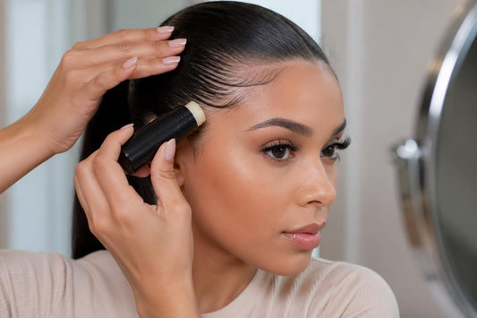 Woman using hair finishing stick to smooth edges and eliminate flyaways for salon-quality results The Pixie Garden