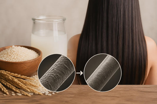 Close-up of thick healthy hair after rice water treatment showing growth and increased density The Pixie Garden