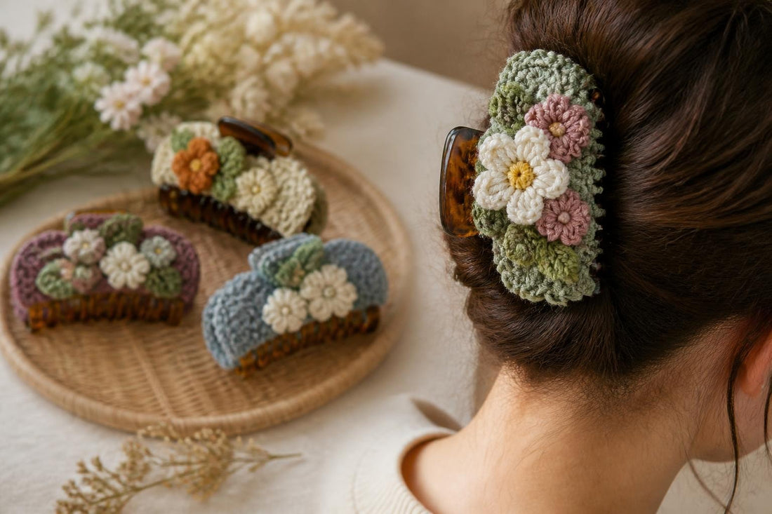 Handcrafted crochet claw clip securing modern updo with artisan texture and hair accessories style The Pixie Garden