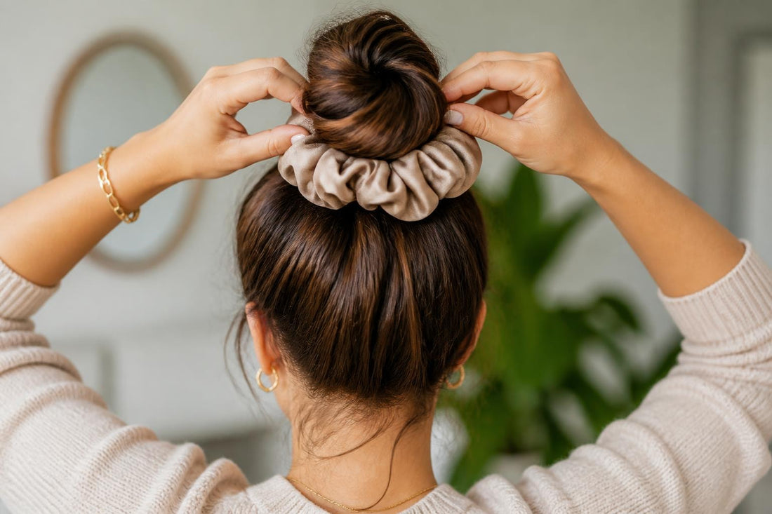 Woman styling hair with large scrunchie for voluminous high ponytail salon-quality finish The Pixie Garden