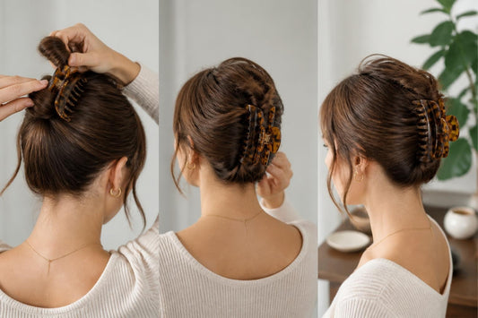 Woman styling thick hair with claw clip creating effortless updo for all-day hold The Pixie Garden