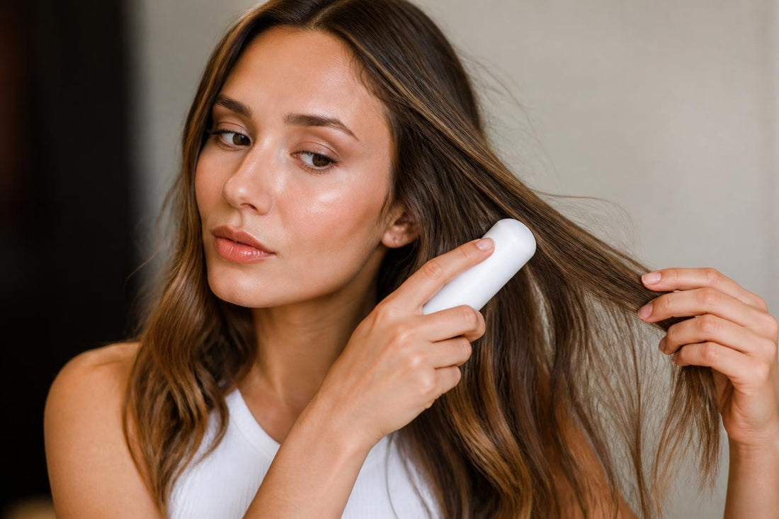 Woman using hair finishing stick to eliminate flyaways for polished salon-quality style The Pixie Garden