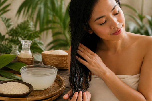 Woman applying rice water treatment for natural hair growth and scalp health benefits The Pixie Garden