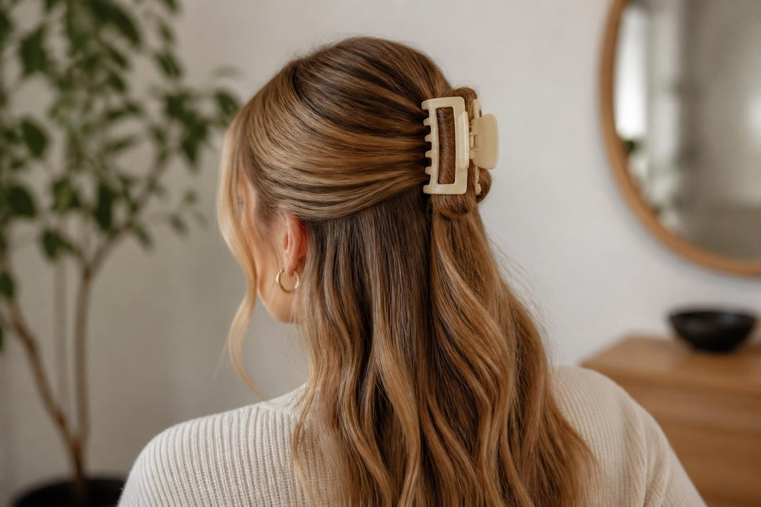 Half up half down hairstyle secured with claw clip professional styling guide The Pixie Garden