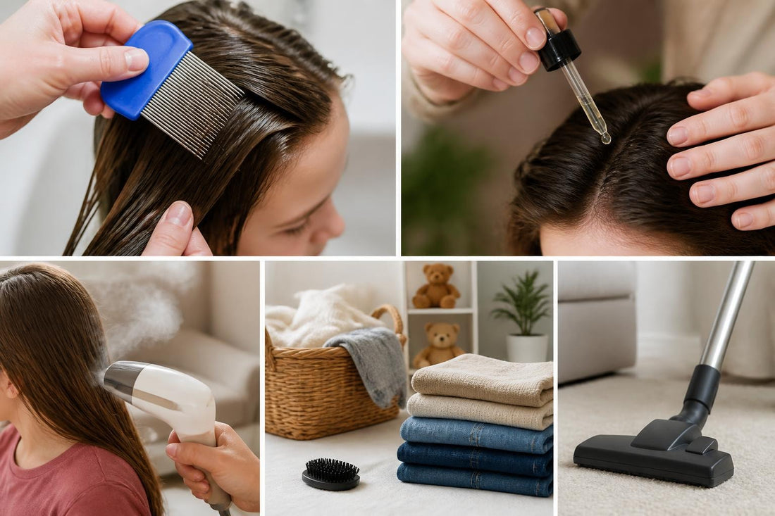 Woman performing natural lice removal with wet combing and essential oils for chemical-free hair care The Pixie Garden