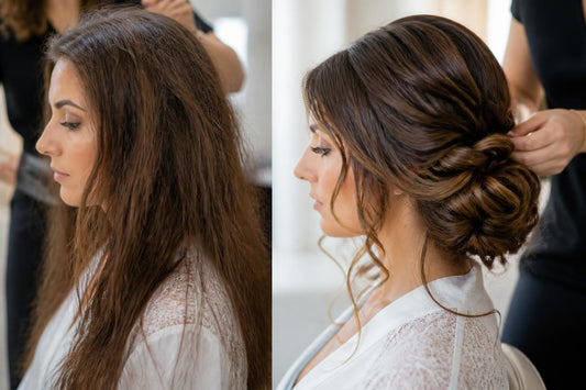 Bride with sleek frizz-free hair using salon finishing stick for wedding-ready styling The Pixie Garden