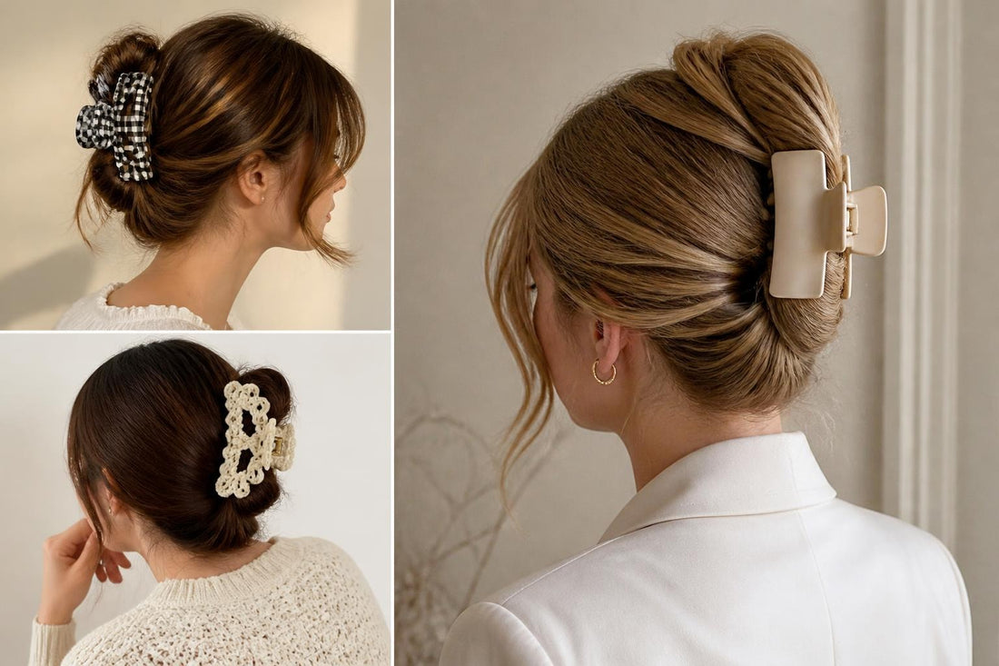Woman securing hair with professional claw clip for elegant updo across thick fine and curly hair types The Pixie Garden