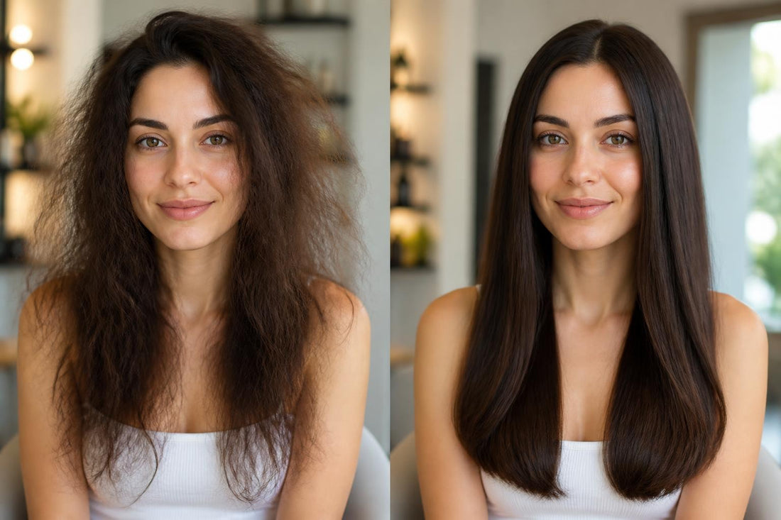 Woman smoothing flyaways with hair finishing stick for sleek polished salon results The Pixie Garden