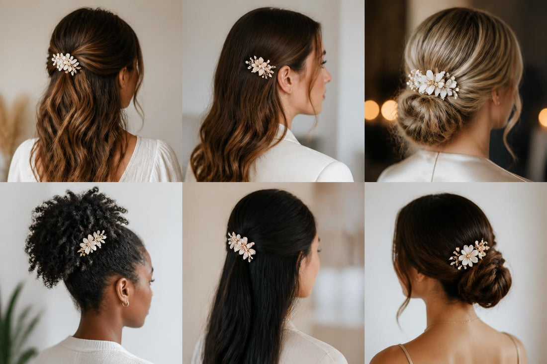 Woman wearing decorative floral hair barrette for elegant updo and polished salon-quality styling The Pixie Garden