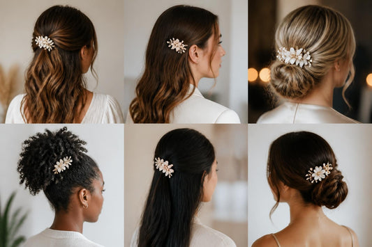 Woman wearing decorative floral hair barrette for elegant updo and polished salon-quality styling The Pixie Garden