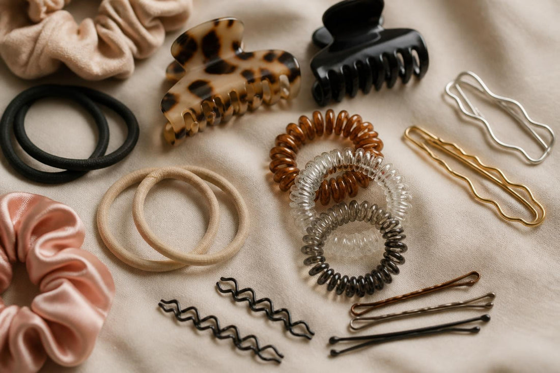 Assorted hair binders and ties securing ponytails and updos for salon-quality everyday styling The Pixie Garden