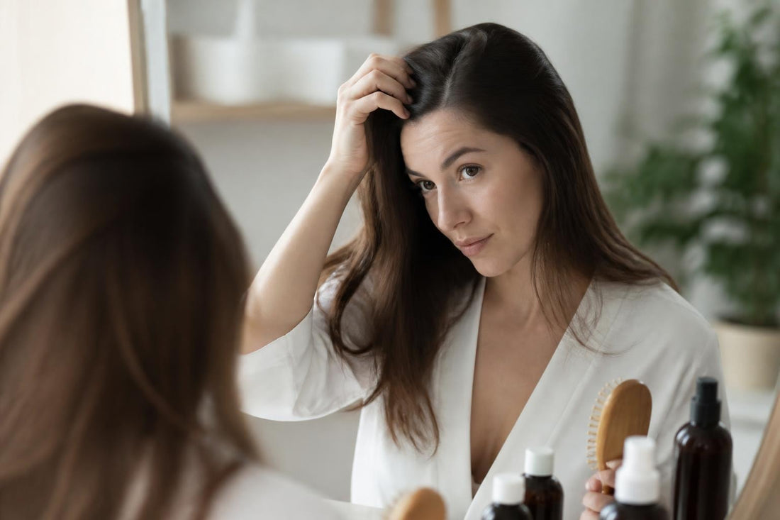 New mother experiencing postpartum hair loss with natural regrowth treatment for healthy scalp recovery The Pixie Garden