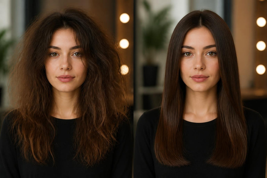 Woman achieving sleek polished hair with professional smoothing techniques heat styling and finishing products for salon-quality results The Pixie Garden