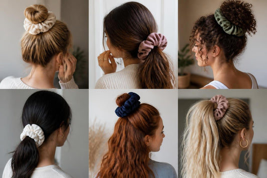 Oversized jumbo scrunchie wrapped around voluminous ponytail with soft fabric for gentle effortless salon-quality hold The Pixie Garden
