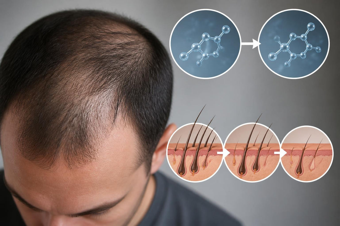 Diagram showing how DHT hormone affects hair follicles causing thinning and pattern hair loss with treatment options The Pixie Garden