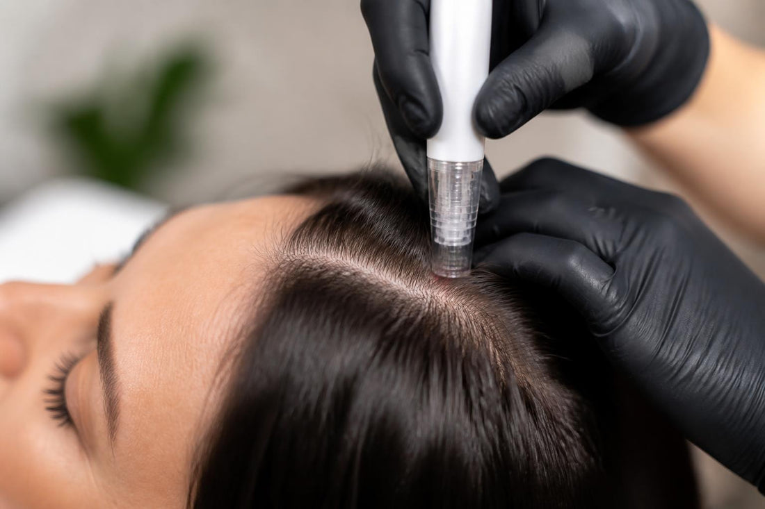Microchanneling treatment with fine needles stimulating scalp follicles for science-backed hair restoration and renewal The Pixie Garden