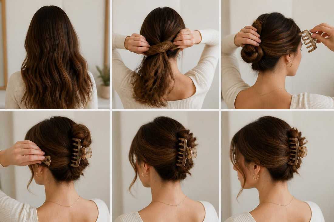 Woman styling hair in a claw clip updo with diagonal placement for secure all-day salon-quality hold The Pixie Garden