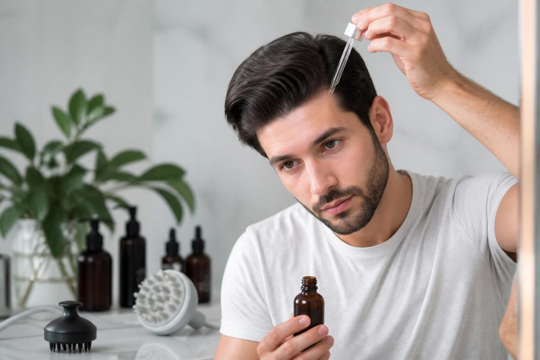 Woman exploring non-surgical hair loss treatment options including minoxidil laser therapy and growth factor scalp treatments The Pixie Garden