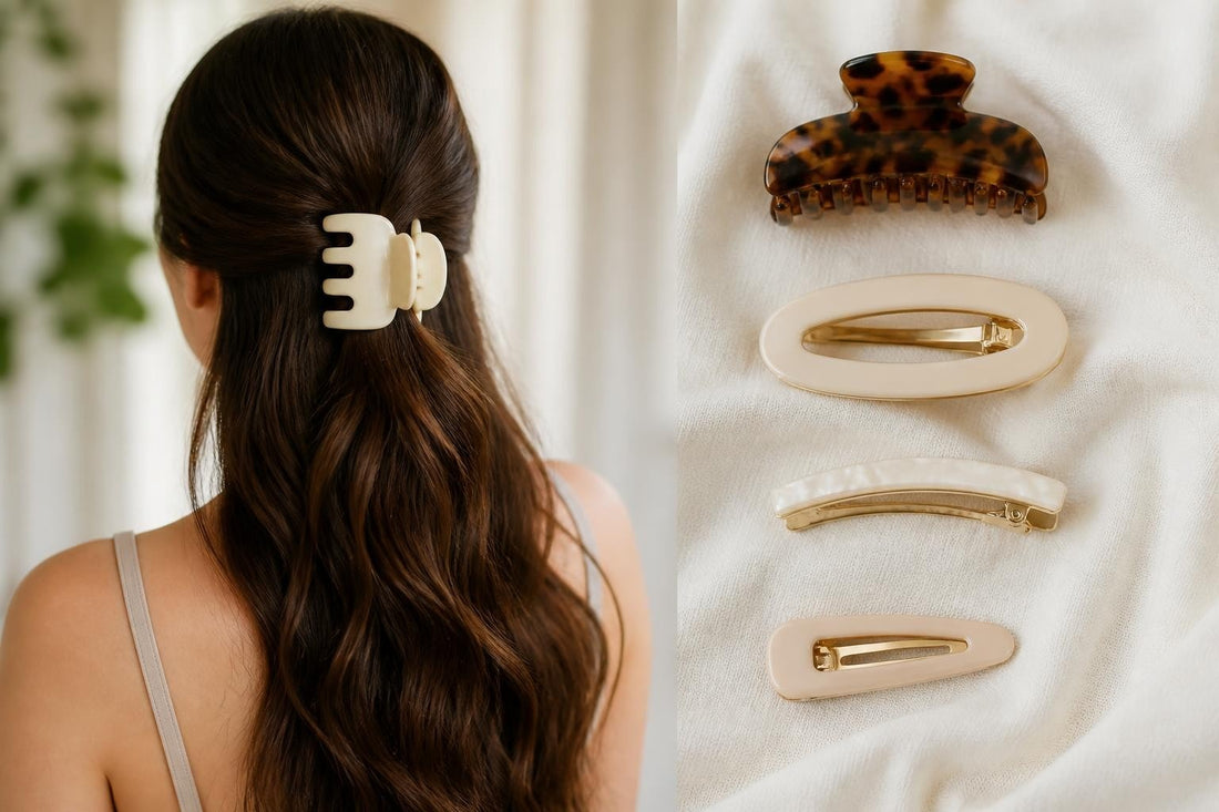 Assorted claw clips snap clips and French barrettes styled for secure long hair hold and versatility The Pixie Garden