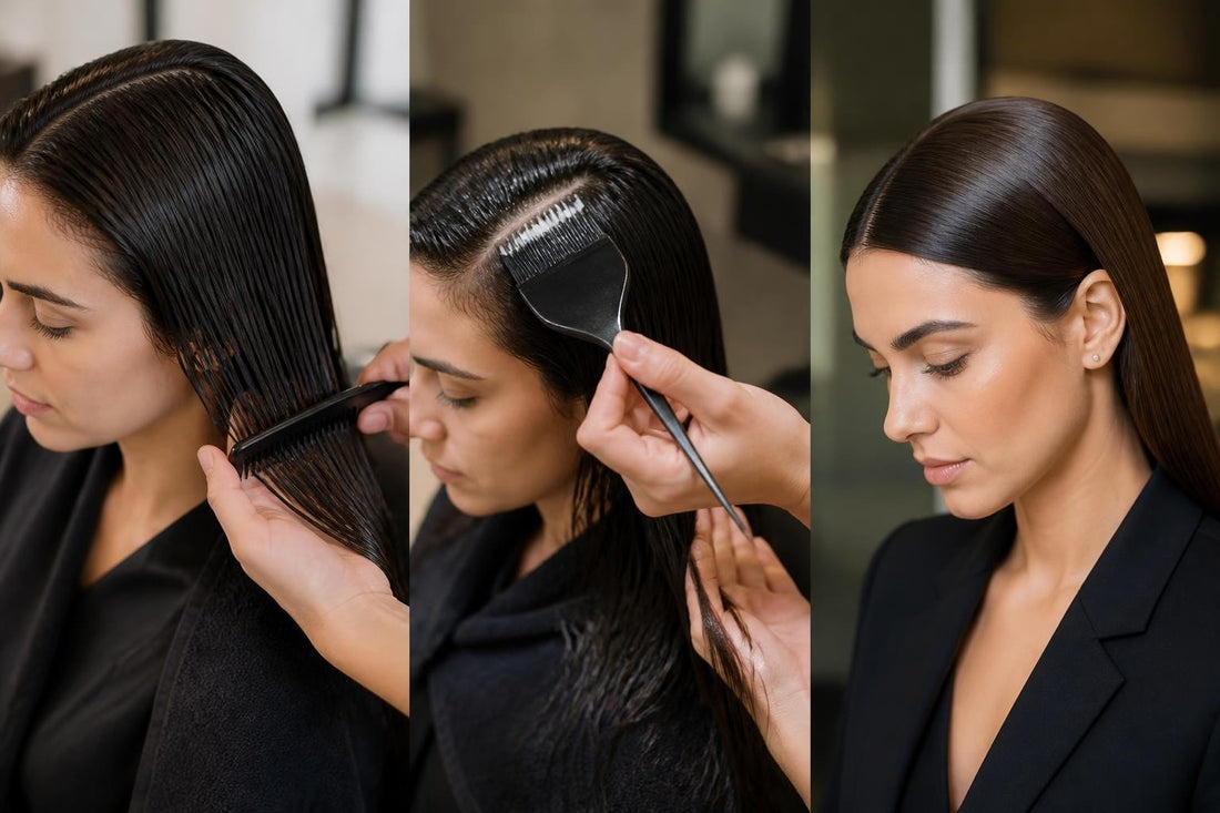 Woman achieving salon-quality slick-back hairstyle with hair finishing stick for all-day hold The Pixie Garden