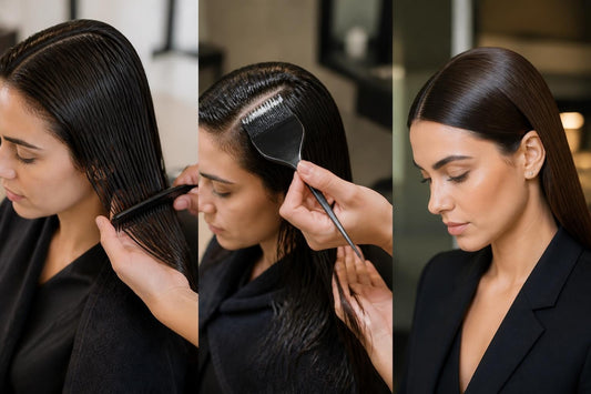 Woman achieving salon-quality slick-back hairstyle with hair finishing stick for all-day hold The Pixie Garden