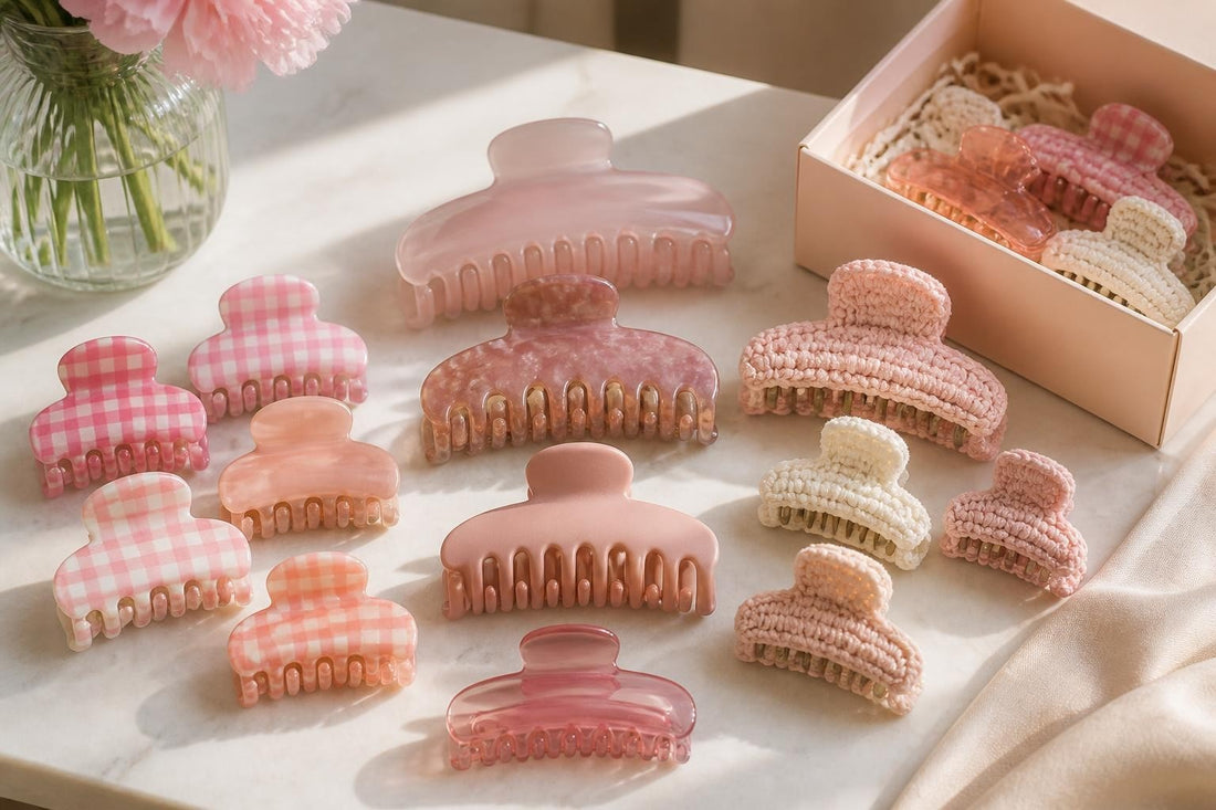 Curated pink claw clips in gingham and solid styles for everyday salon-quality hair hold The Pixie Garden