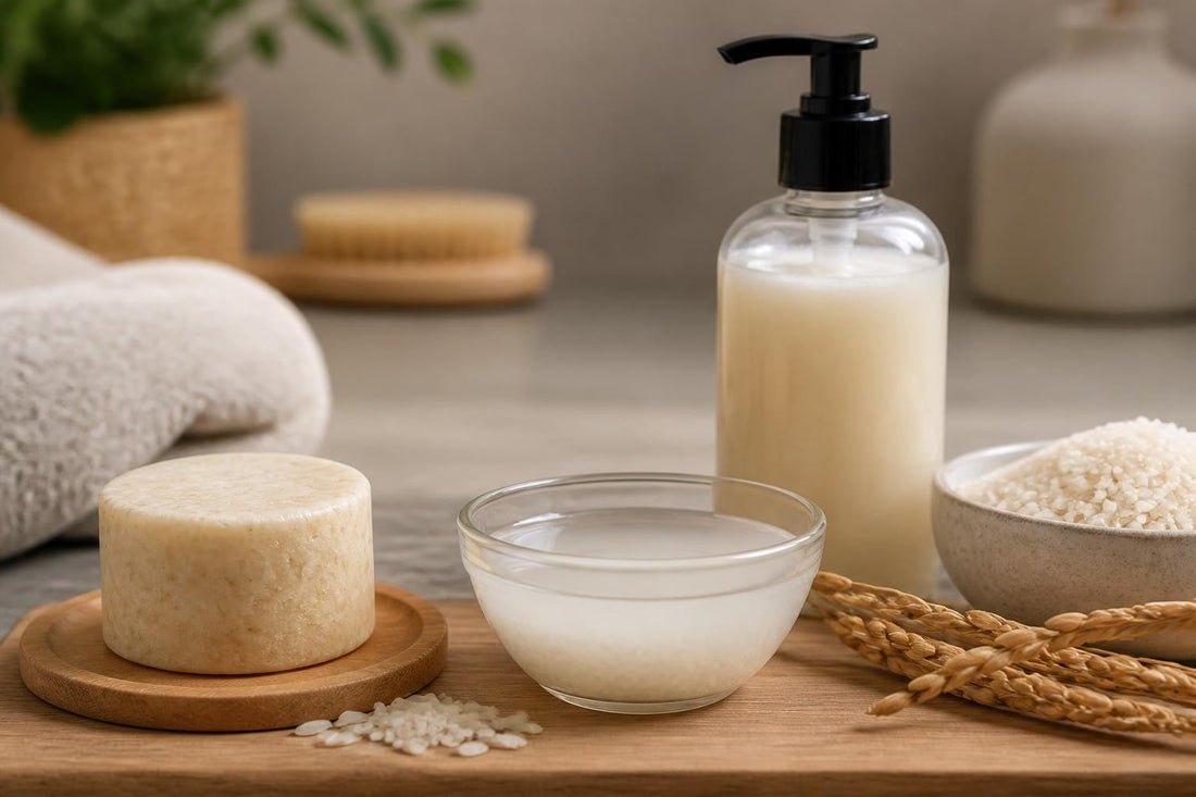 Rice water shampoo and conditioner bars beside liquid bottles compared for hair growth and gentle cleansing The Pixie Garden