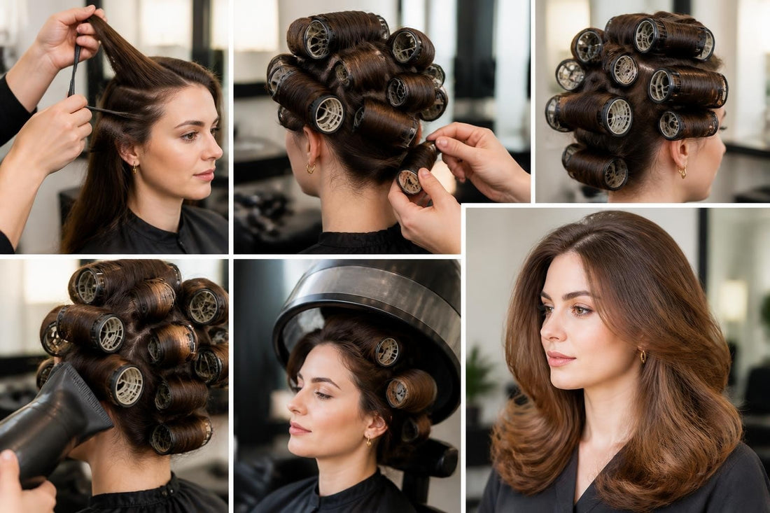 Cosmetologist setting hair with heated ceramic thermal rollers for lasting root volume and salon-style waves at home The Pixie Garden