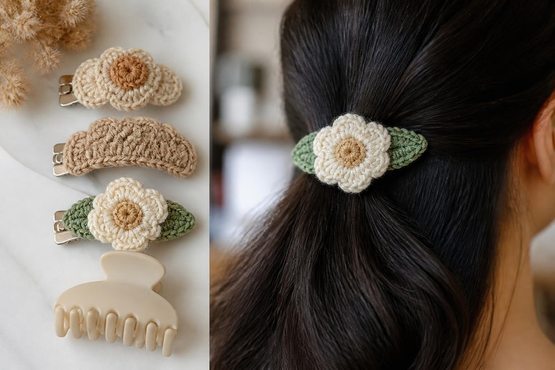 Hand-crocheted artisan hair clips in floral designs offering secure grip for thick and fine hair The Pixie Garden