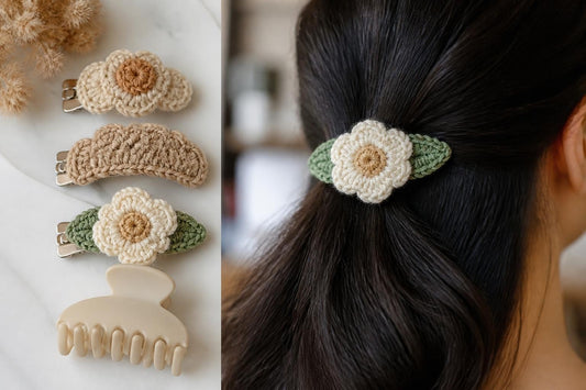 Hand-crocheted artisan hair clips in floral designs offering secure grip for thick and fine hair The Pixie Garden