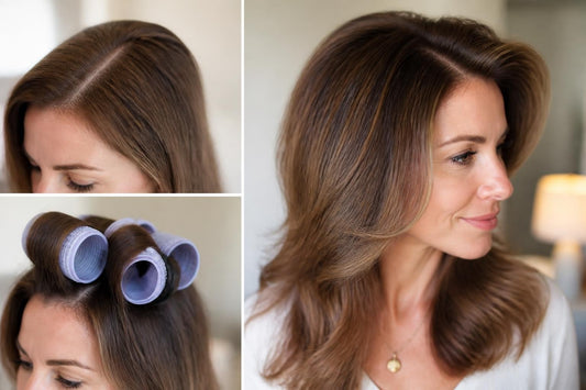Licensed cosmetologist setting heated ceramic rollers at the crown for long-lasting root volume on dry hair The Pixie Garden