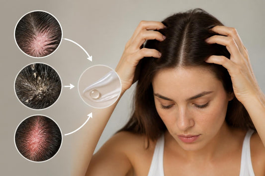 Licensed cosmetologist examining a flaky irritated scalp and recommending a soothing scrub to relieve itchy scalp The Pixie Garden