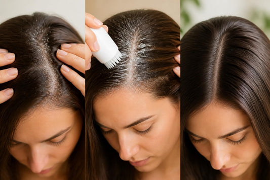 Licensed cosmetologist applying an anti-flake dandruff treatment to exfoliate scalp buildup and calm flaking The Pixie Garden