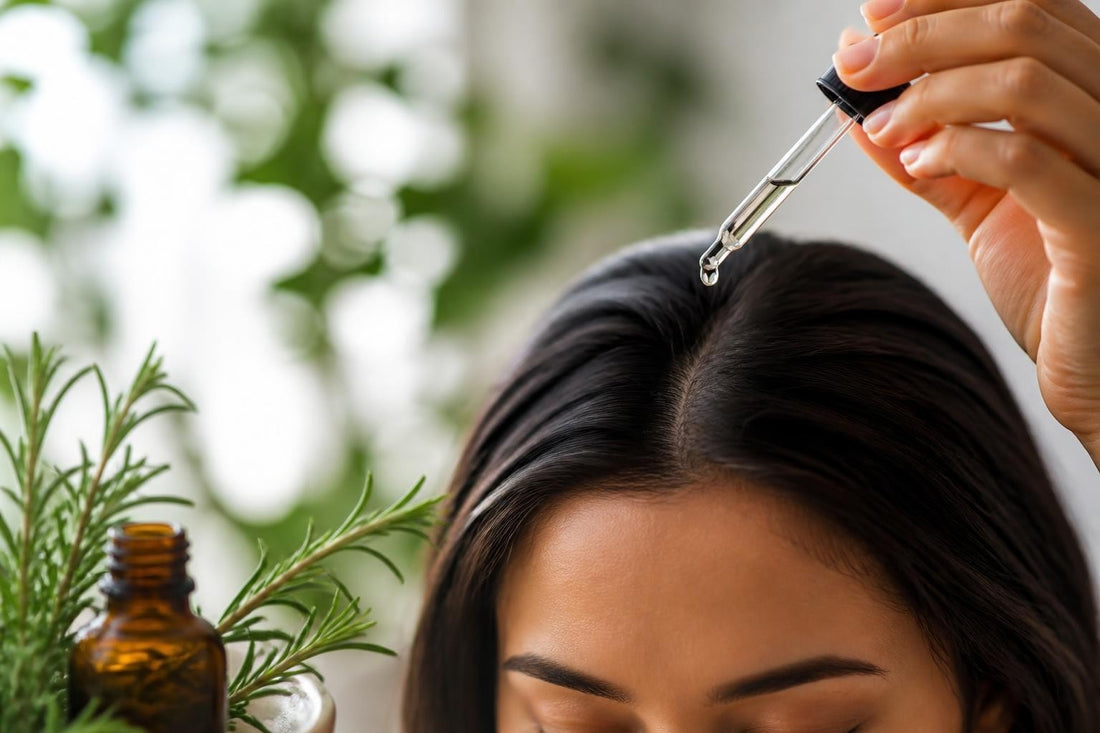 Licensed cosmetologist spraying rosemary water onto the scalp to support circulation and healthy hair growth The Pixie Garden