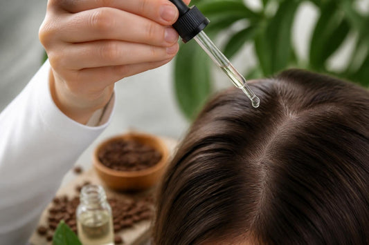 Licensed cosmetologist applying caffeine shampoo to support scalp health and stimulate hair follicles The Pixie Garden