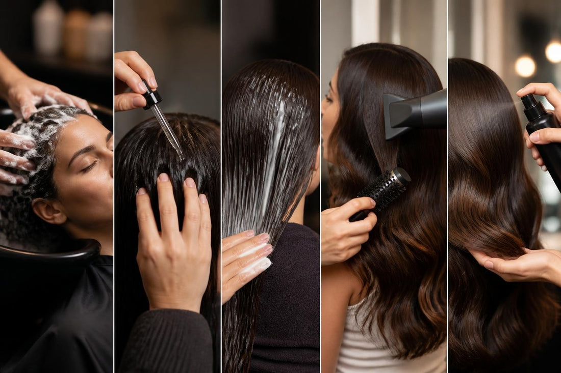Licensed cosmetologist demonstrating a complete five-step hair care routine for healthy scalp and shiny strands The Pixie Garden
