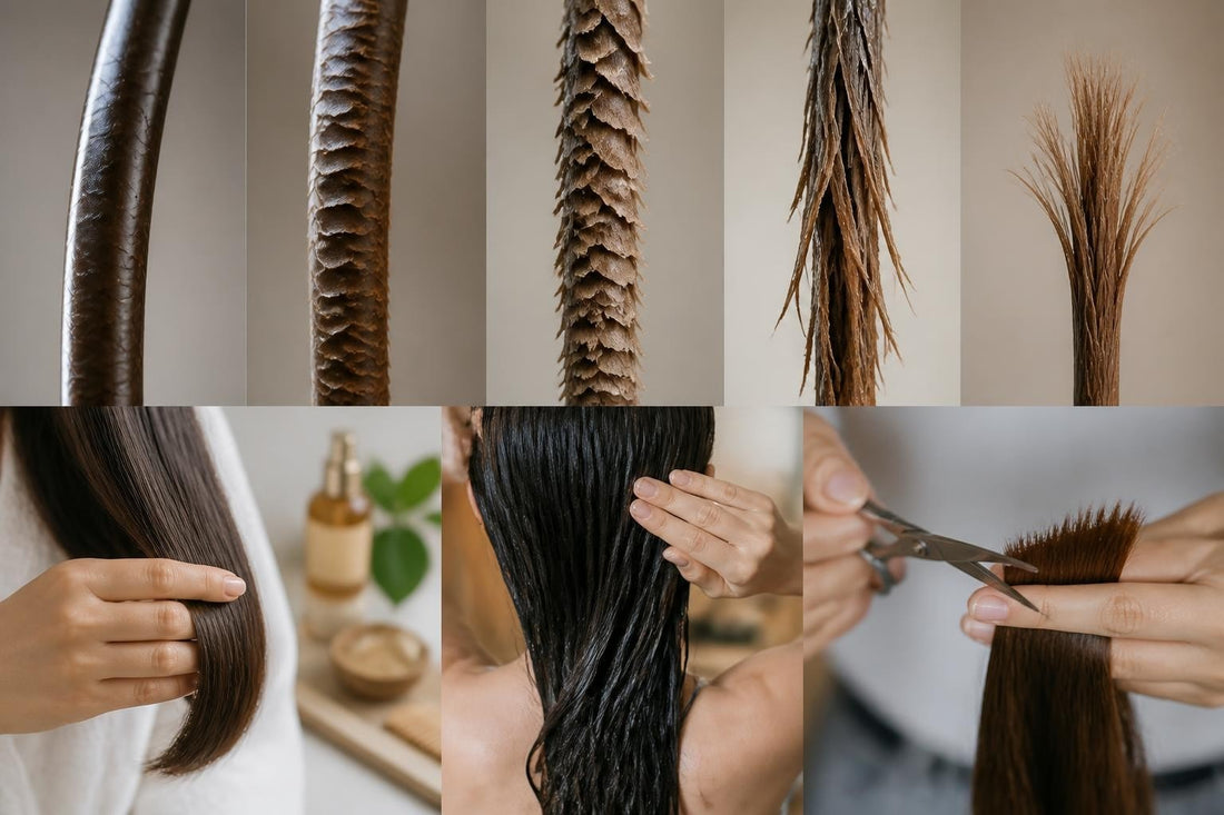 Licensed cosmetologist demonstrating split end prevention and trimming techniques for healthy hair ends The Pixie Garden