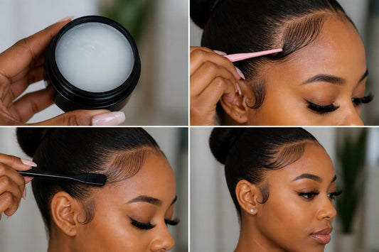 Licensed cosmetologist demonstrating alcohol-free edge control on smooth, flake-free baby hairs along the hairline The Pixie Garden