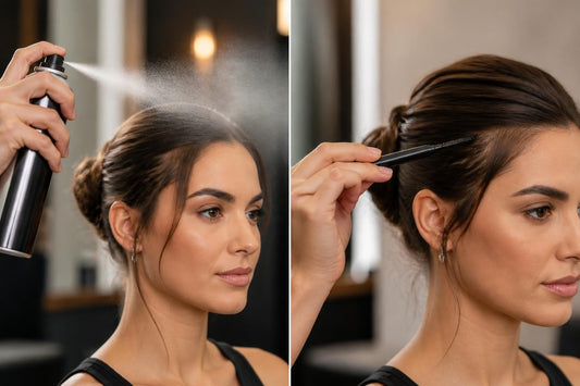 Licensed cosmetologist demonstrating alcohol-free hairspray alternatives for flexible, flake-free styling hold without drying hair The Pixie Garden