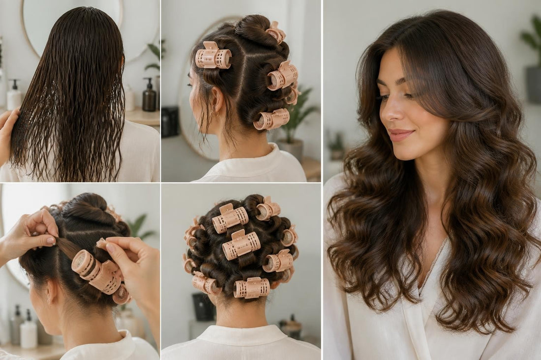 Licensed cosmetologist setting damp hair in volumizing roller clips for damage-free heatless curls The Pixie Garden