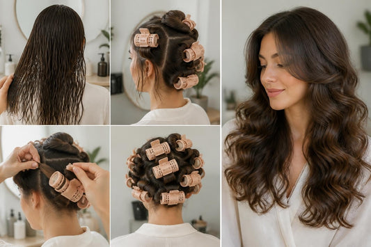 Licensed cosmetologist setting damp hair in volumizing roller clips for damage-free heatless curls The Pixie Garden