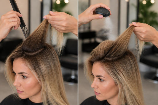 Licensed cosmetologist using a teasing comb to create root volume on dry hair The Pixie Garden